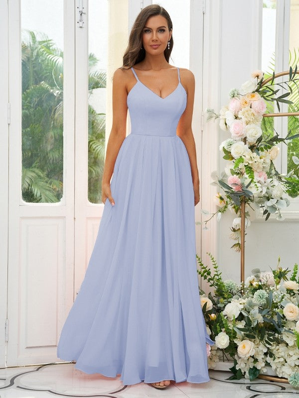 A-Line/Princess Chiffon Ruffles V-neck Sleeveless Floor-Length Bridesmaid Dresses Evening Dress
