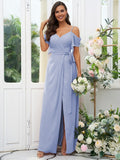 A-Line/Princess Chiffon Ruched V-neck Short Sleeves Floor-Length Bridesmaid Dresses Evening Dress