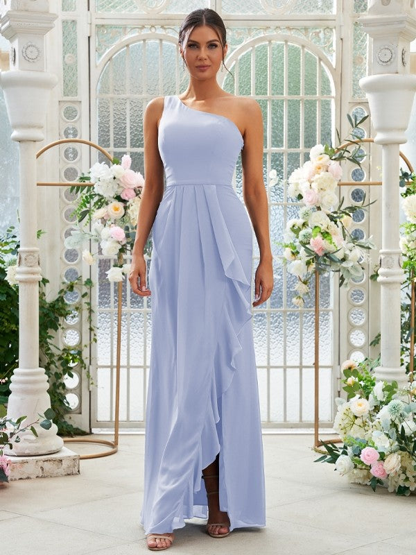Sheath/Column Chiffon Ruffles One-Shoulder Sleeveless Floor-Length Bridesmaid Dresses Evening Prom Dress