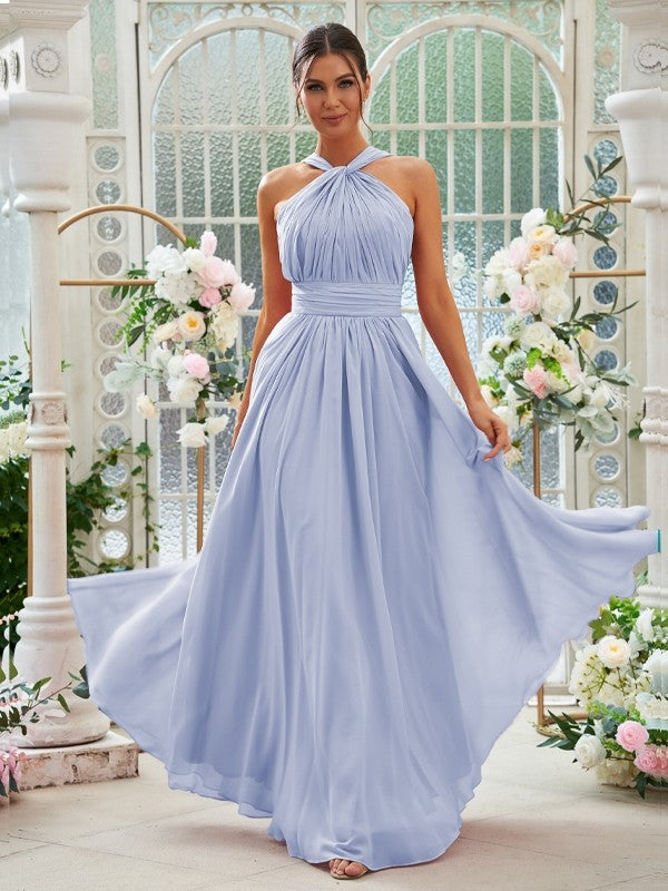 A-Linie/Princess-Linie Chiffon Rüschen Neckholder Ärmellos Bodenlang Brautjungfernkleider Abendkleid