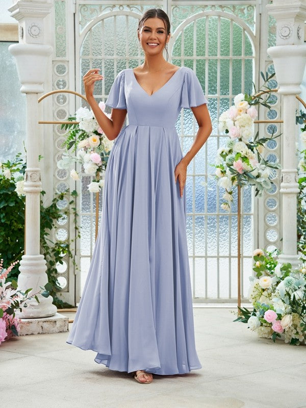A-Line/Princess Chiffon Ruffles V-neck Short Sleeves Floor-Length Bridesmaid Dresses Evening Prom Dress