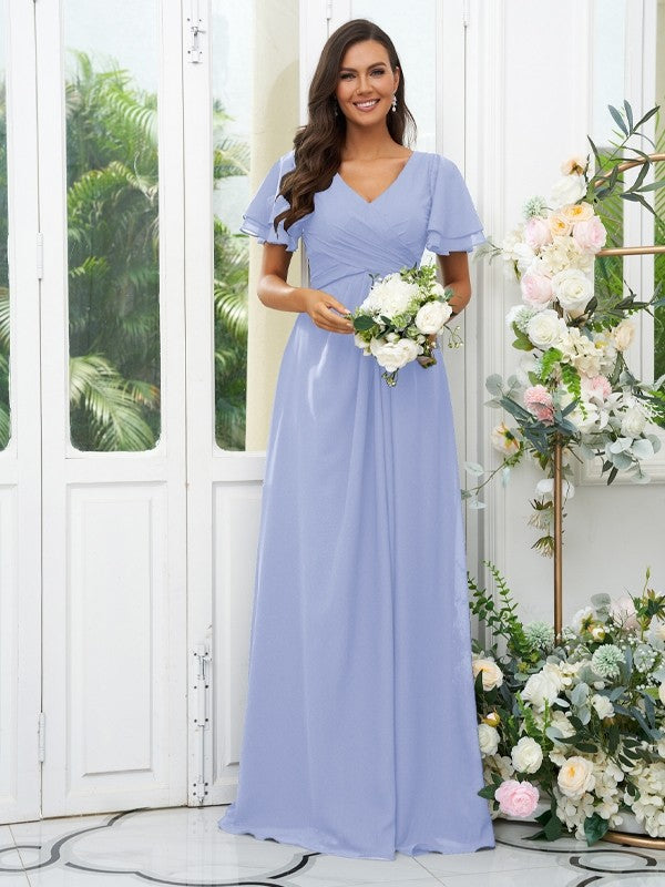 A-Line/Princess Chiffon Ruffles V-neck Short Sleeves Floor-Length Bridesmaid Dresses Evening Dress