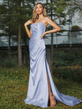 Sheath/Column Silk like Satin Ruched Sweetheart Sleeveless Sweep/Brush Train Bridesmaid Dresses Evening Dress