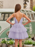 A-Line Deep V Neck Tiered Short Homecoming Dress