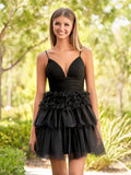 A-Line Deep V Neck Tiered Short Homecoming Dress