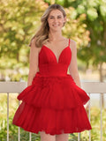A-Line Deep V Neck Tiered Short Homecoming Dress
