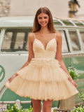 A-Line Deep V Neck Tiered Short Homecoming Dress