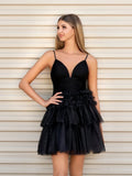 A-Line Deep V Neck Tiered Short Homecoming Dress