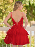 A-Line Deep V Neck Tiered Short Homecoming Dress