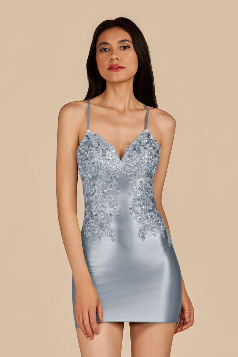 Sage - V Neck Bodycon Satin Sequins Homecoming Dresses With Appliques