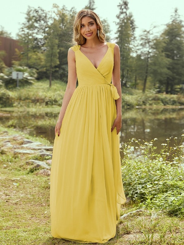 A-Line/Princess Chiffon Ruffles V-neck Sleeveless Floor-Length Bridesmaid Dresses Evening Prom Dress