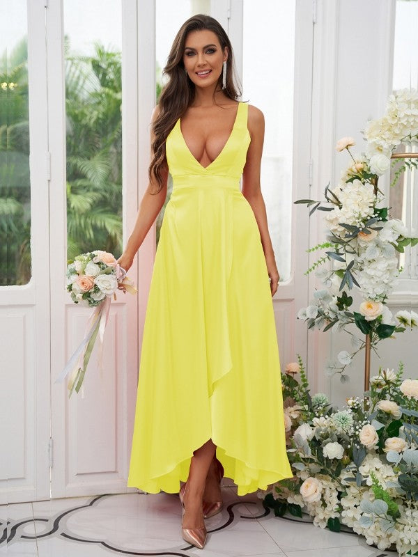 A-Line/Princess Silk like Satin Ruffles V-neck Sleeveless Ankle-Length Bridesmaid Dresses Prom Dress