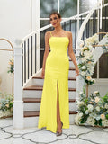 A-Line/Princess Silk like Satin Ruffles Spaghetti Straps Sleeveless Floor-Length Bridesmaid Dresses Evening Dress