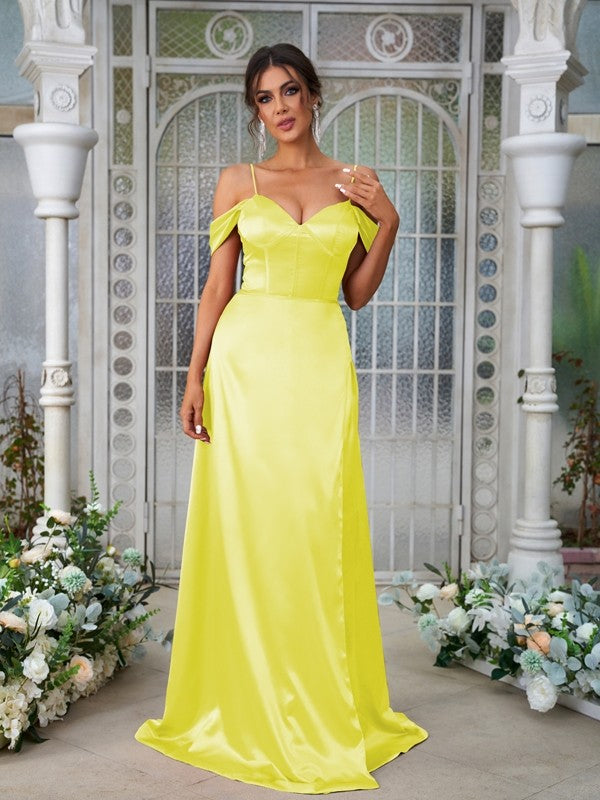 A-Line/Princess Silk like Satin Ruched Sweetheart Sleeveless Sweep/Brush Train Bridesmaid Dresses Evening Dress