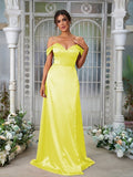 A-Line/Princess Silk like Satin Ruched Sweetheart Sleeveless Sweep/Brush Train Bridesmaid Dresses Evening Dress