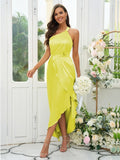 A-Line/Princess Silk like Satin Ruched One-Shoulder Sleeveless Tea-Length Bridesmaid Dresses Evening Prom Dress