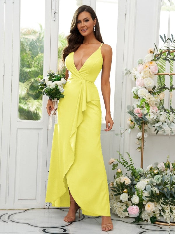 A-Line/Princess Silk like Satin Ruffles V-neck Sleeveless Floor-Length Bridesmaid Dresses Prom Dress