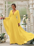 Vestido de dama de honor de corte A/princesa, de gasa, con volantes, escote en V, mangas largas y cola larga, vestido para madre de la novia