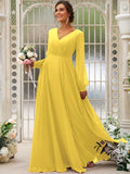 A-Line/Princess Chiffon Ruched V-neck Long Sleeves Floor-Length Bridesmaid Dresses Mother of the Bride Dress