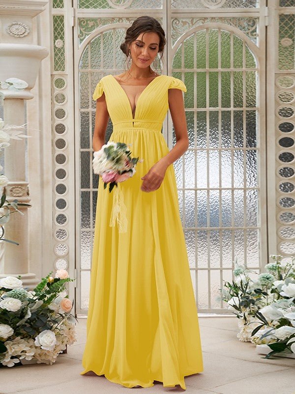 A-Line/Princess Chiffon Ruffles V-neck Sleeveless Sweep/Brush Train Bridesmaid Dresses Evening Dress