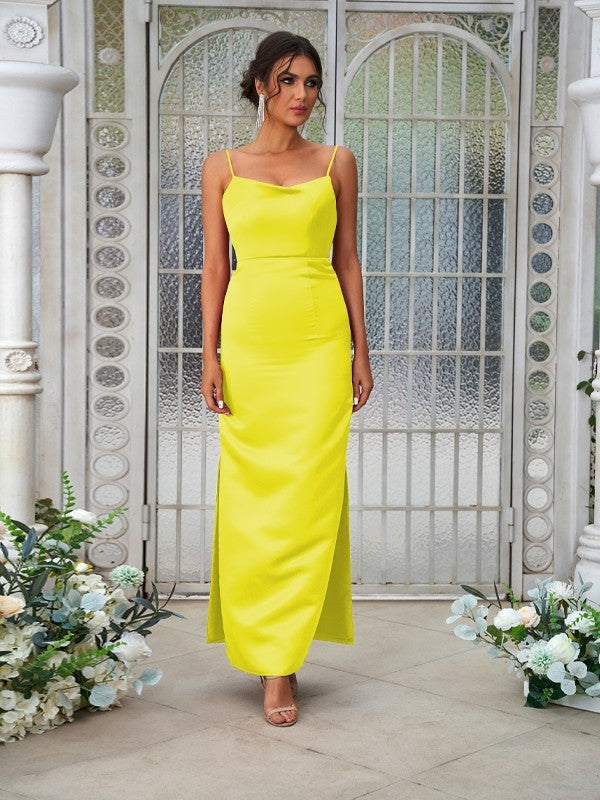 Sheath/Column Satin Ruched Spaghetti Straps Sleeveless Ankle-Length Bridesmaid Dresses Evening Dress