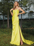 Sheath/Column Silk like Satin Ruched Sweetheart Sleeveless Sweep/Brush Train Bridesmaid Dresses Evening Dress