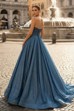 Navy Blue Sequin Beaded Sweetheart A-Line Long Prom Dress