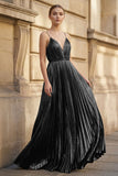 Gold A-Line Spaghetti Straps V-Neck Metallic Long Prom Dress
