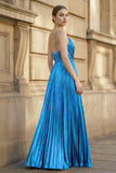 Gold A-Line Spaghetti Straps V-Neck Metallic Long Prom Dress