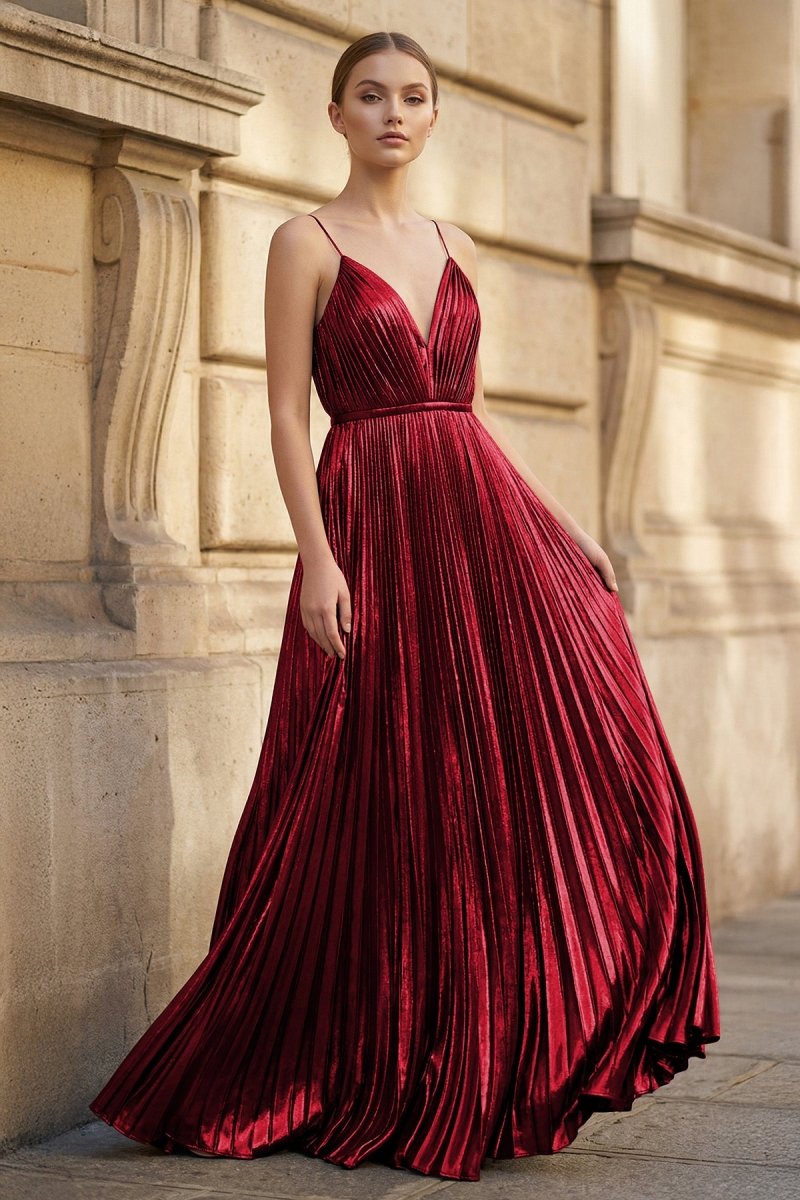 Gold A-Line Spaghetti Straps V-Neck Metallic Long Prom Dress