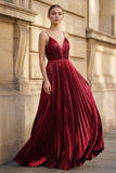 Gold A-Line Spaghetti Straps V-Neck Metallic Long Prom Dress