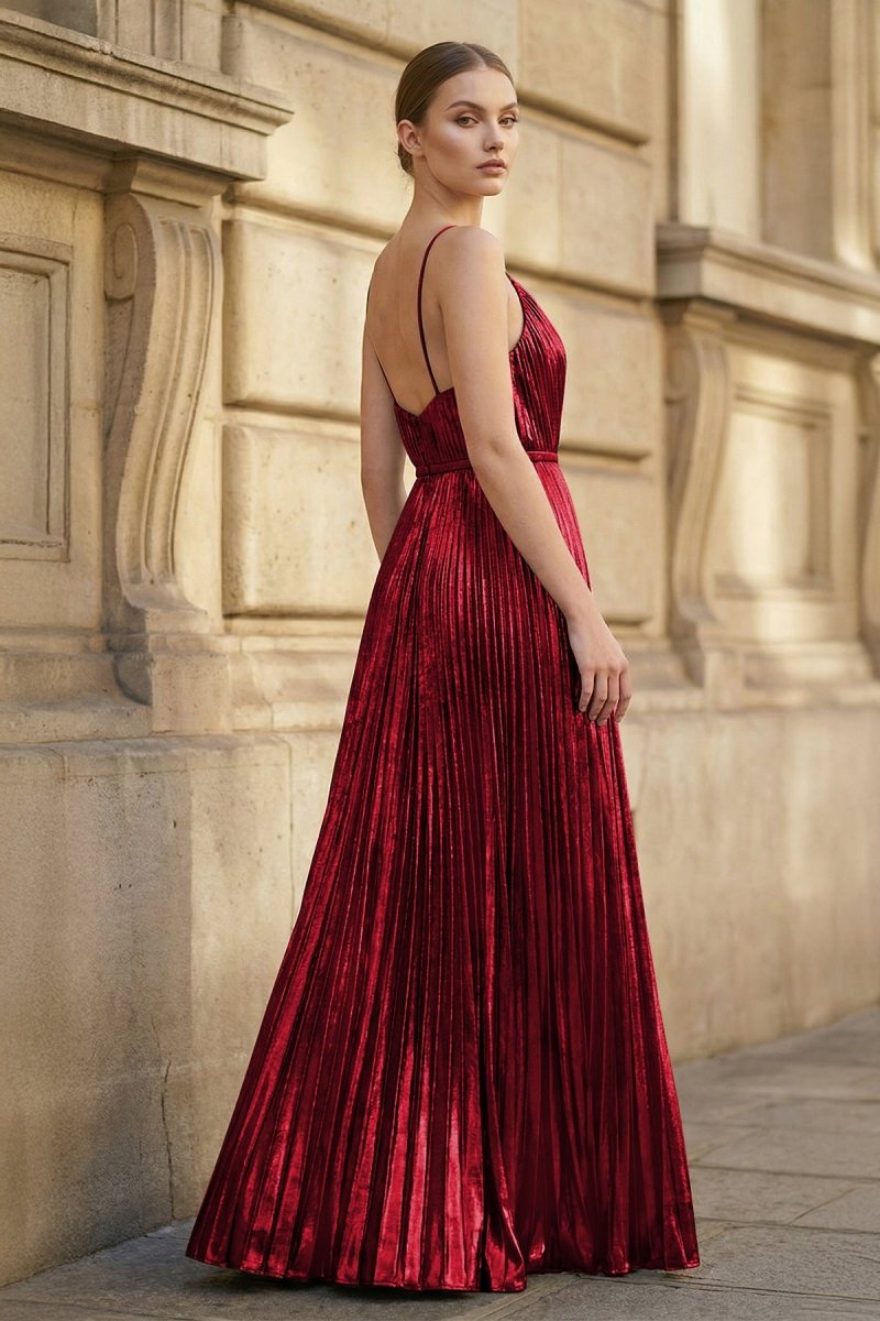 Gold A-Line Spaghetti Straps V-Neck Metallic Long Prom Dress