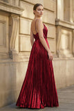 Gold A-Line Spaghetti Straps V-Neck Metallic Long Prom Dress
