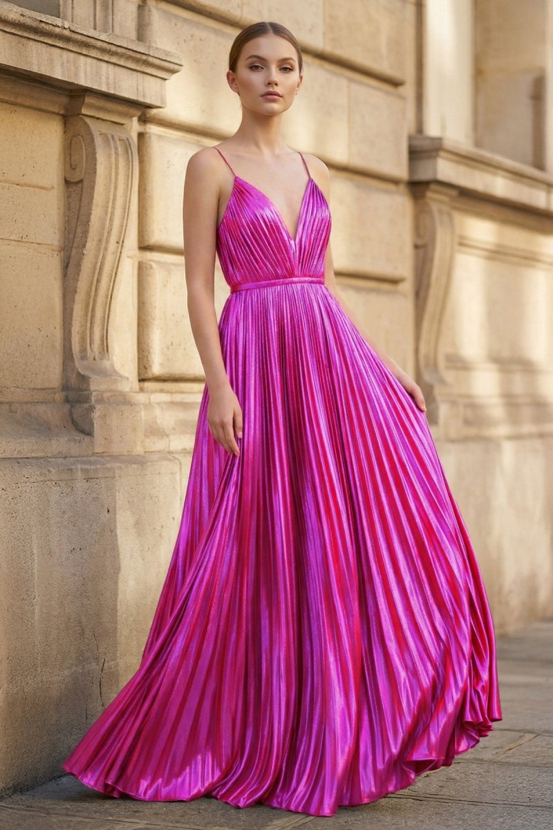Gold A-Line Spaghetti Straps V-Neck Metallic Long Prom Dress