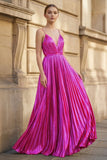 Gold A-Line Spaghetti Straps V-Neck Metallic Long Prom Dress