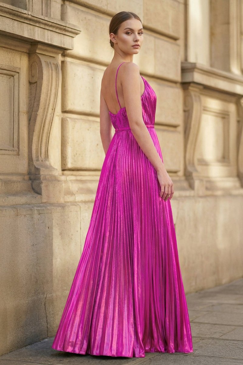Gold A-Line Spaghetti Straps V-Neck Metallic Long Prom Dress