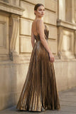 Gold A-Line Spaghetti Straps V-Neck Metallic Long Prom Dress