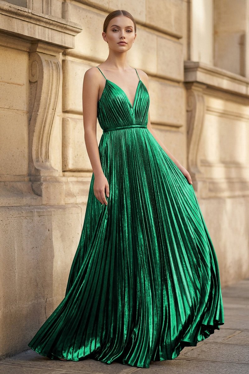 Gold A-Line Spaghetti Straps V-Neck Metallic Long Prom Dress