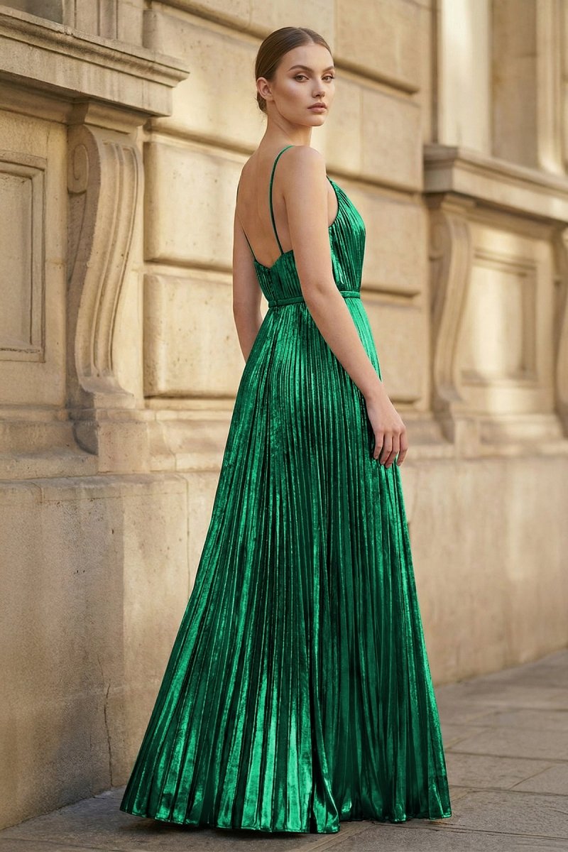 Gold A-Line Spaghetti Straps V-Neck Metallic Long Prom Dress