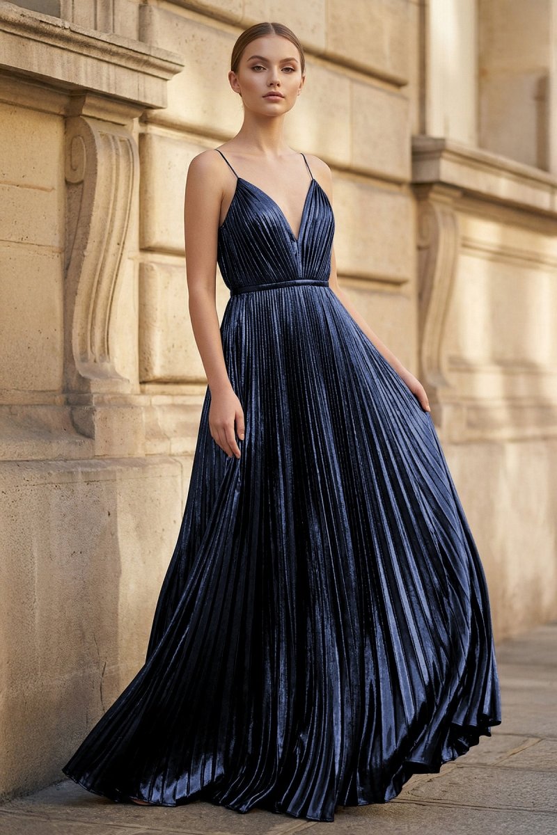 Gold A-Line Spaghetti Straps V-Neck Metallic Long Prom Dress