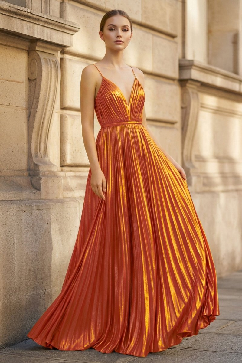 Gold A-Line Spaghetti Straps V-Neck Metallic Long Prom Dress