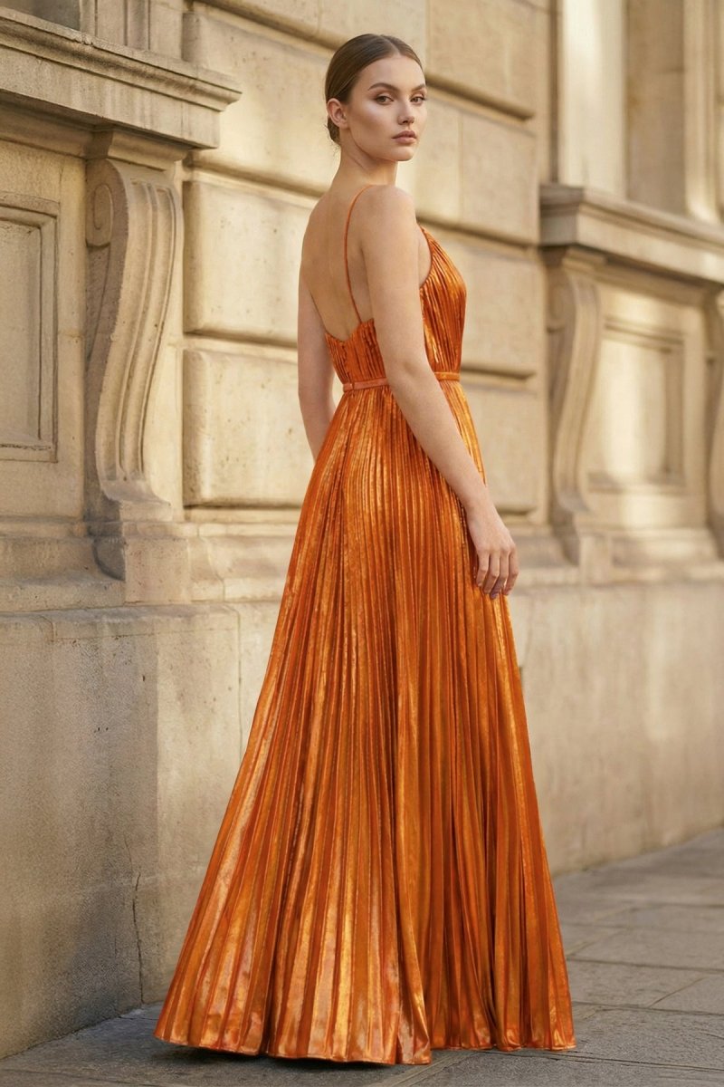 Gold A-Line Spaghetti Straps V-Neck Metallic Long Prom Dress