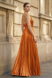 Gold A-Line Spaghetti Straps V-Neck Metallic Long Prom Dress