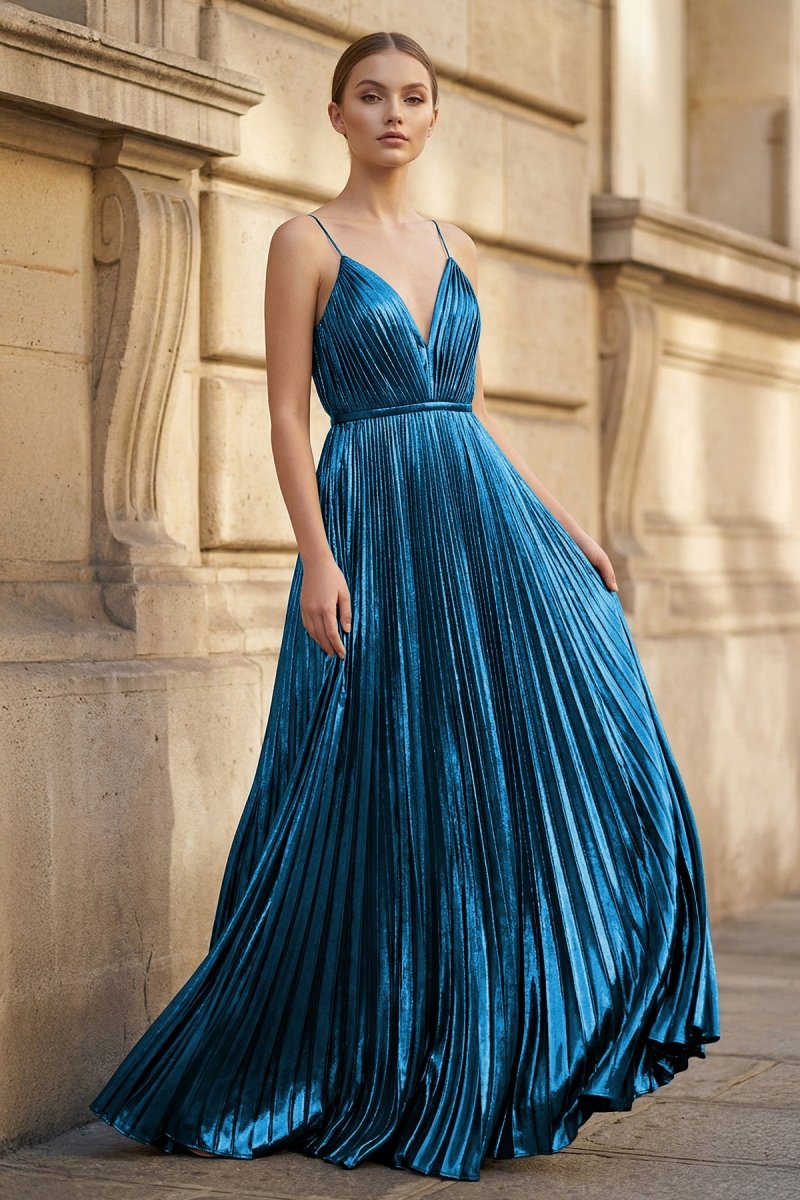 Gold A-Line Spaghetti Straps V-Neck Metallic Long Prom Dress