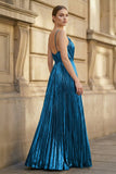 Gold A-Line Spaghetti Straps V-Neck Metallic Long Prom Dress