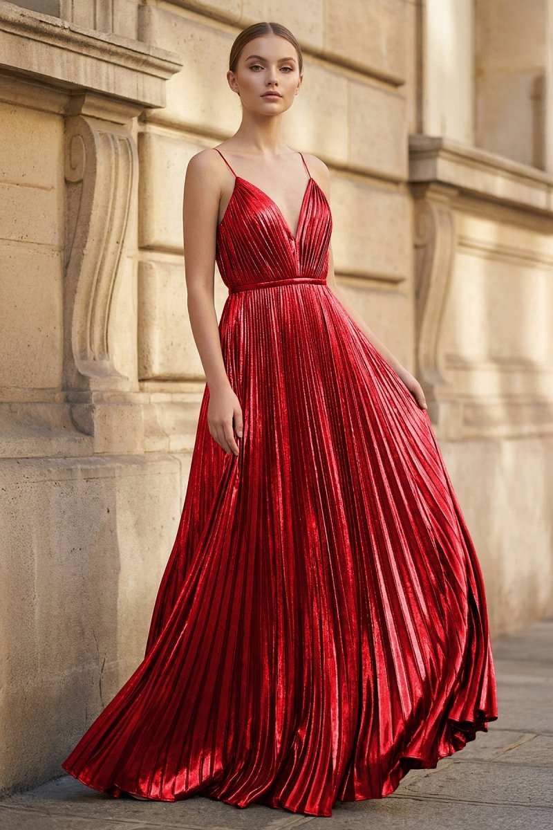 Gold A-Line Spaghetti Straps V-Neck Metallic Long Prom Dress