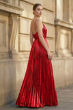 Gold A-Line Spaghetti Straps V-Neck Metallic Long Prom Dress