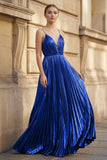 Gold A-Line Spaghetti Straps V-Neck Metallic Long Prom Dress