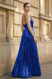 Gold A-Line Spaghetti Straps V-Neck Metallic Long Prom Dress
