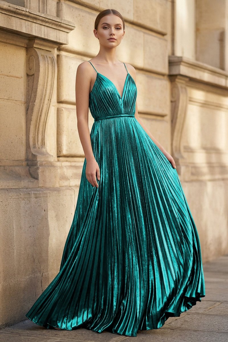 Gold A-Line Spaghetti Straps V-Neck Metallic Long Prom Dress